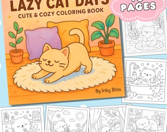 のんびり猫のぬり絵 - 大人も子供も楽しめる、リラックスできる猫のぬり絵ページ。すぐにダウンロード可能。ココ・ワイオミングスタイル
