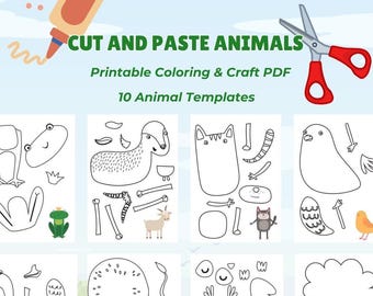 Cut and Paste Animals – Printable Coloring & Craft PDF for Kids | 10 Animal Templates