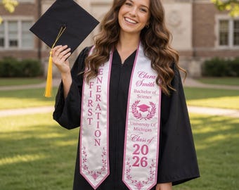 Custom Printed Graduation Stole, First Generation Grad Sash, Personalized College Graduate Stole, Class of 2026 Grad Gift Keepsake