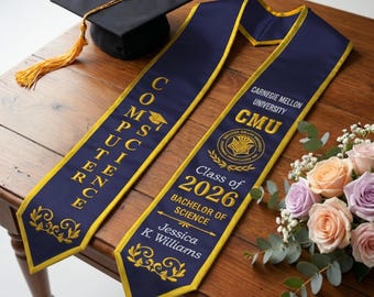 Custom Your Design Text Logo Embroidered Graduation Stole, Personalized Text Name Stole, Senior Class of 2026 Grad Stole, Graduation Gift