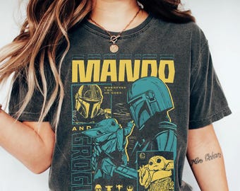 Comfortkleuren Mandalorian Grogu Big Thunder Mountain-shirt, vintage Star Wars Vaderdag 2026-T-shirt, retro Disney bijpassende cadeau vader en zoon