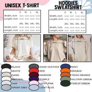 Op de afbeelding: Afbeelding met een maattabel voor unisex T-shirts en hoodies. De T-shirt-tabel toont maten S tot 5XL met breedte- en lengtematen in inches. De hoodie-tabel toont ook maten S tot 5XL met breedte- en lengtematen in inches.