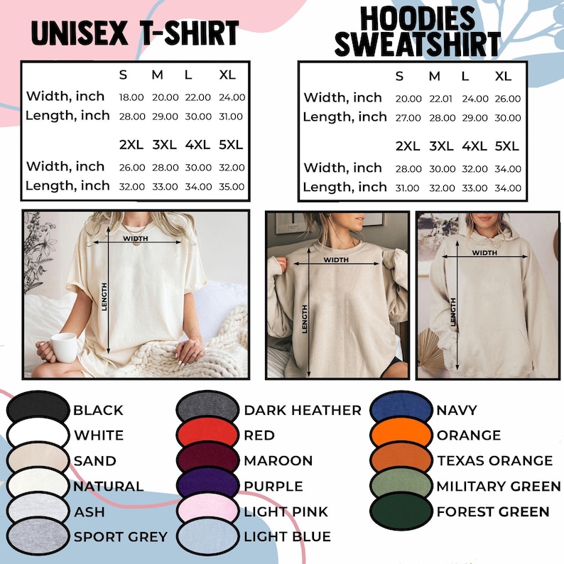 Op de afbeelding: Afbeelding met een maattabel voor unisex T-shirts en hoodies. De T-shirt-tabel toont maten S tot 5XL met breedte- en lengtematen in inches. De hoodie-tabel toont ook maten S tot 5XL met breedte- en lengtematen in inches.