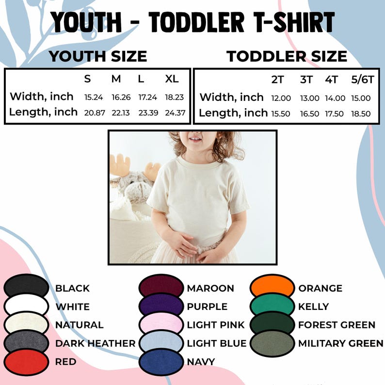Op de afbeelding: Een t-shirt voor kinderen en peuters met maat- en kleuropties. De maattabel toont de afmetingen in inches voor jeugd- en peutermaten. Beschikbare kleuren zijn zwart, wit, naturel, donkergrijs, rood, kastanjebruin, paars, lichtroze, lichtblauw, marine, oranje, kelly, bosgroen en legergroen.