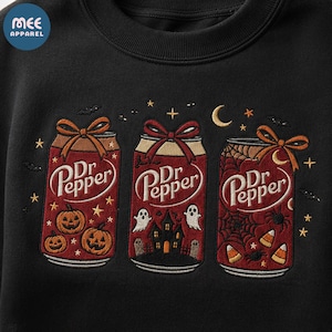 Sudadera de Halloween con bordado de Dr Pepper, cuello redondo con estampado de lata de refresco vintage, jersey otoñal con estampado de calabaza y fantasma, idea de regalo acogedora para el otoño.