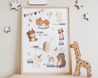 Children's poster woodland animals – affirmations for children's room – boho watercolor wall art – baby gift – hedgehog, rabbit, fox, bear, raccoon – A4 A3
