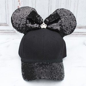 Chapéu com orelhas de mouse de lantejoulas pretas para adultos ou jovens - Orelhas de mouse da Disney - Chapéu com orelhas de mouse - Mickey Mouse - Minnie Mouse - Chapéu com orelhas de mouse