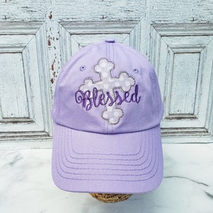 Blessed Trucker Hat, Baseball Cap, Religious Saying, Cross, Everyday Hat, Messy Hair, For Her, Lavender, Light Purple