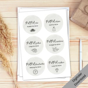 PAPA Etiketten zum Ausdrucken – 18 kleine & 3 große Kärtchen für Geschenkkorb | Vatertag / Geburtstag | PDF Printable