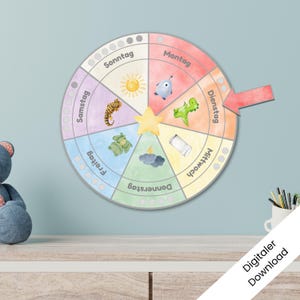 Könnte beinhalten: Ein farbenfrohes Rad mit den Wochentagen in deutscher Sprache. Jeder Tag hat eine andere Farbe und eine kleine Illustration. Das Rad befindet sich an einer hellblauen Wand. Der Text "Digitaler Download" befindet sich am unteren Rand des Bildes.