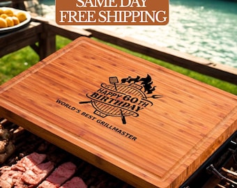 Personalized  60th Birthday Gift for Him, Custom Bamboo BBQ Cutting Board, Grill Master Engraved Meat Board for Dad, Father’s Day Present