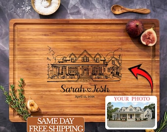 Custom Engraved House Portrait Cutting Board, Personalized Photo on Wood, Housewarming, Closing Gift, New Home Present, Charcuterie Board