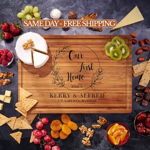 Wood Cutting Board, Personalized Charcuterie Board, Floral Engagement Gift for Couple, Custom Engraved Board Newlywed Couple First Home Gift