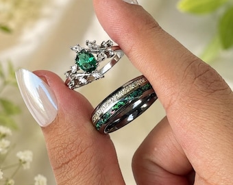 Nature-Inspired Promise Rings for Couples, 925 Silver & Tungsten Couple Rings, His Her Matching Ring