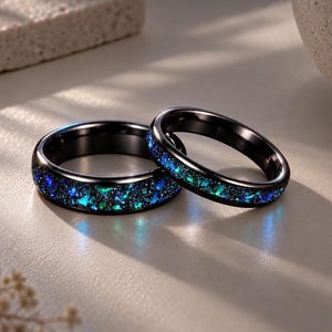 May include: Two black rings featuring a central inlay of crushed iridescent material in shades of blue and green. The bands have a smooth, polished finish and a rounded profile, showcasing a vibrant, sparkling texture within the dark metal surface.