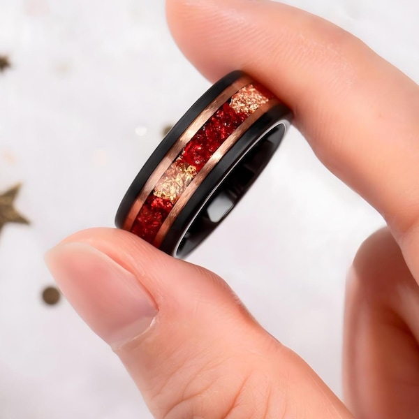 Crushed Garnet Tungsten Ring - Men Wedding Band, Anniversary Gift - Male Rings