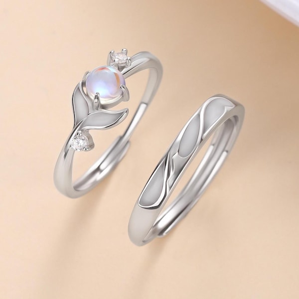 Anelli di coppia in argento 925 con pietra di luna che si illuminano al buio, anelli di promessa per coppie, fedi abbinate