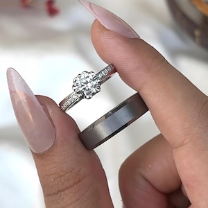 Fine 925 Silver & Tungsten Promise Ring Set for Couples Anniversary Rings Couple Rings Men Women Wedding Ring Set Couple Jewelry Gift