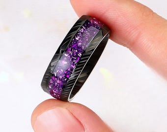 Crushed Amethyst Wolfram Ring, Schwarzes Versprechen Band für Männer - Männliche Ringe