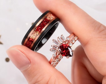Natural Garnet Couple Rings: Rose Gold, 925 Silver & Tungsten Promise Rings for Couples