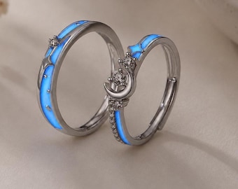 Luminous Promise Rings for Couples, 925 Silver Couple Rings, Moon Stars Matching Ring Adjustable