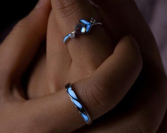 Glowing Couple Rings, Moonstone 925 Silver Promise Rings for Couples, Adjustable Sizes - Wedding Bands