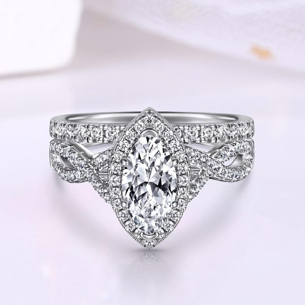 Conjunto de anéis de casamento com diamante simulado de 1 quilate em corte marquise, em prata 925.