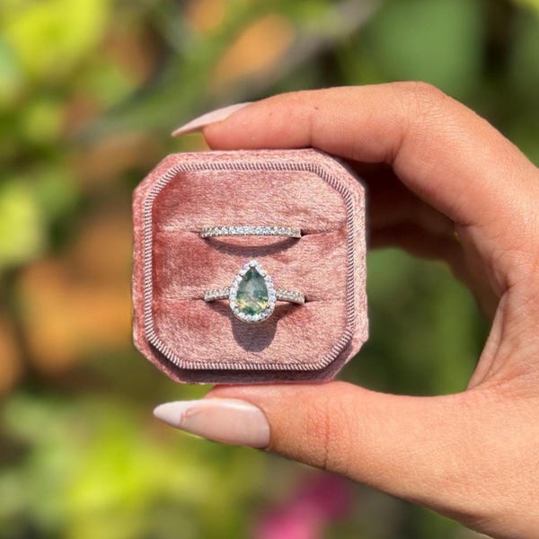 Pear Cut Moss Agate Wedding Ring Set, Simulated Diamonds, 925 Silver