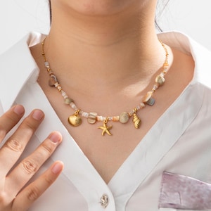 Seashell Jellyfish Charm Necklace Stainless Steel with 18k Gold Plated Surfer Girl Necklace Ocean Necklace Summer Necklace Starfish Necklace