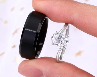 925 Silver & Black Tungsten Promise Rings for Couples - Matching Rings, Wedding Bands