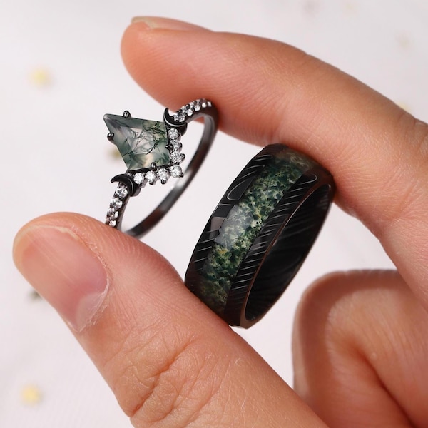 Moss Agate Kite Cut Couple Ring Set: 925 Silver & Tungsten Wedding Bands, Matching Rings