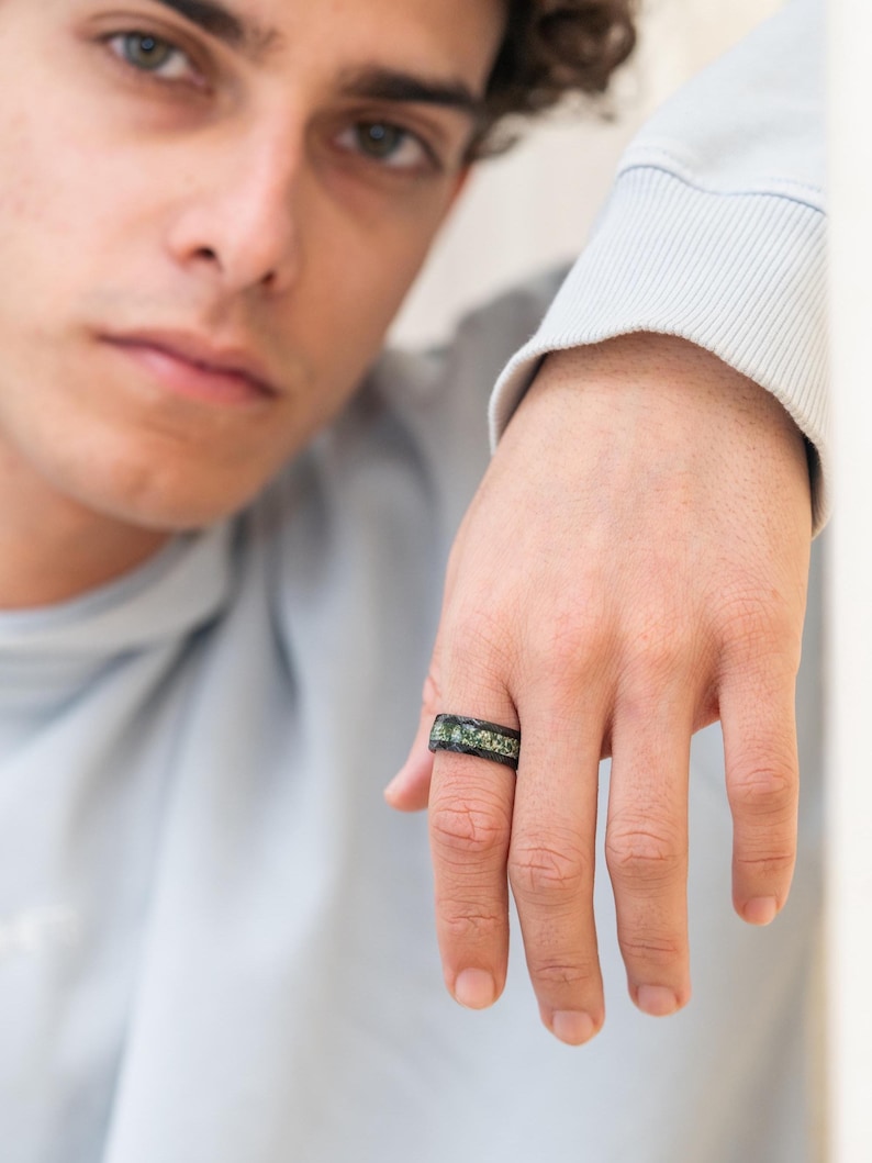Moss Agate Black Tungsten Ring, Anniversary Band for Men - Male Ring image 2