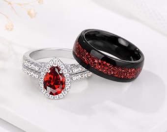 Natural Garnet Promise Rings for Couples: 925 Silver & Tungsten Matching Rings -Couple Jewelry
