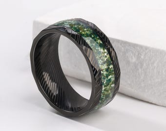 Moss Agate Black Tungsten Ring, Anniversary Band for Men - Male Ring