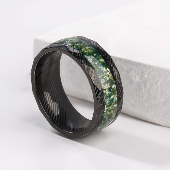 Moss Agate Black Tungsten Ring, Anniversary Band for Men - Male Ring