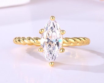 18k Gold Plated Simulated Diamond Marquise Ring, 925 Silver Promise Ring - Anniversary Gift