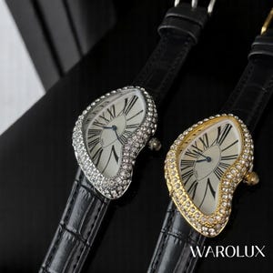 Luxury Melting Watch with Rhinestones, Dali Salvador Inspired Surrealist Watch, Unique Roman Numeral Art Watch, Vintage Style Leather Strap