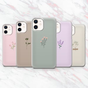 Custodia per telefono minimalista con fiori primaverili e piante pastello, per iPhone 16, 15, 14, 13, 12, 11, Samsung S25, S24, S23, Pixel 9Pro XL, 8A e 8Pro.