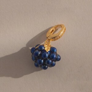 May include: A gold-colored earring with a cluster of dark blue, round beads resembling grapes. The earring has a hinged clasp and a small gold leaf detail. The beads are clustered together, creating a three-dimensional effect.