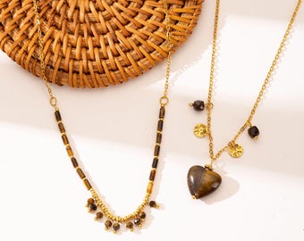 Tortoise Style Gold Layered Necklace Set, Tiger Eye Heart Pendant, Stainless Steel Choker