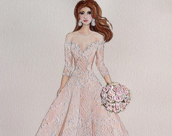 Fashion Painting of a Beautiful Bride. Wonderfully feminine art - perfect for any girl's room, bridal shop, bridal shower gift, etc!