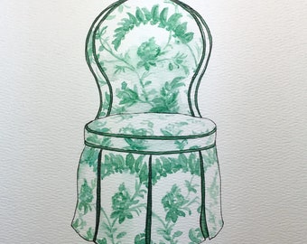 Watercolor Painting of Toile Chair. Green and White slipper chair.