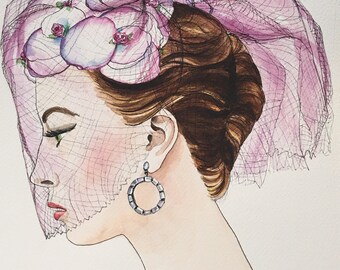 Vintage veiled lady, 1950s fashion, fashion art, mid century, vintage hat, vintage fashion, watercolor painting, Fifties
