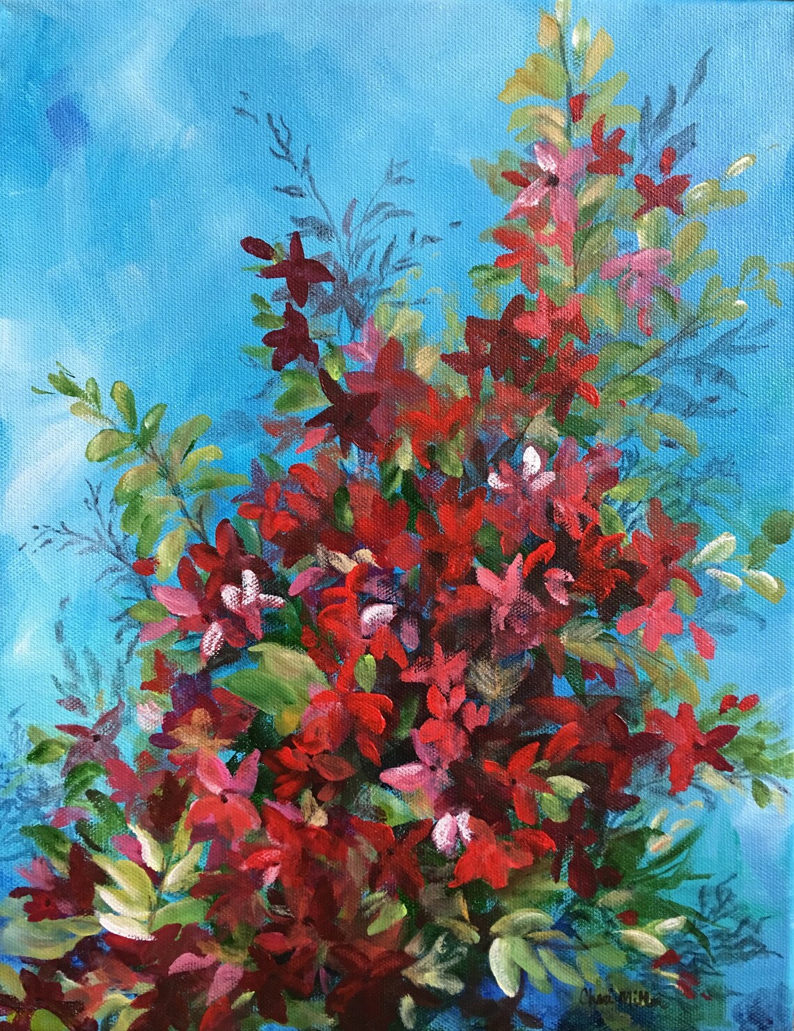 Painting of beautiful red flowering bush. Flower art. Gift for | Etsy