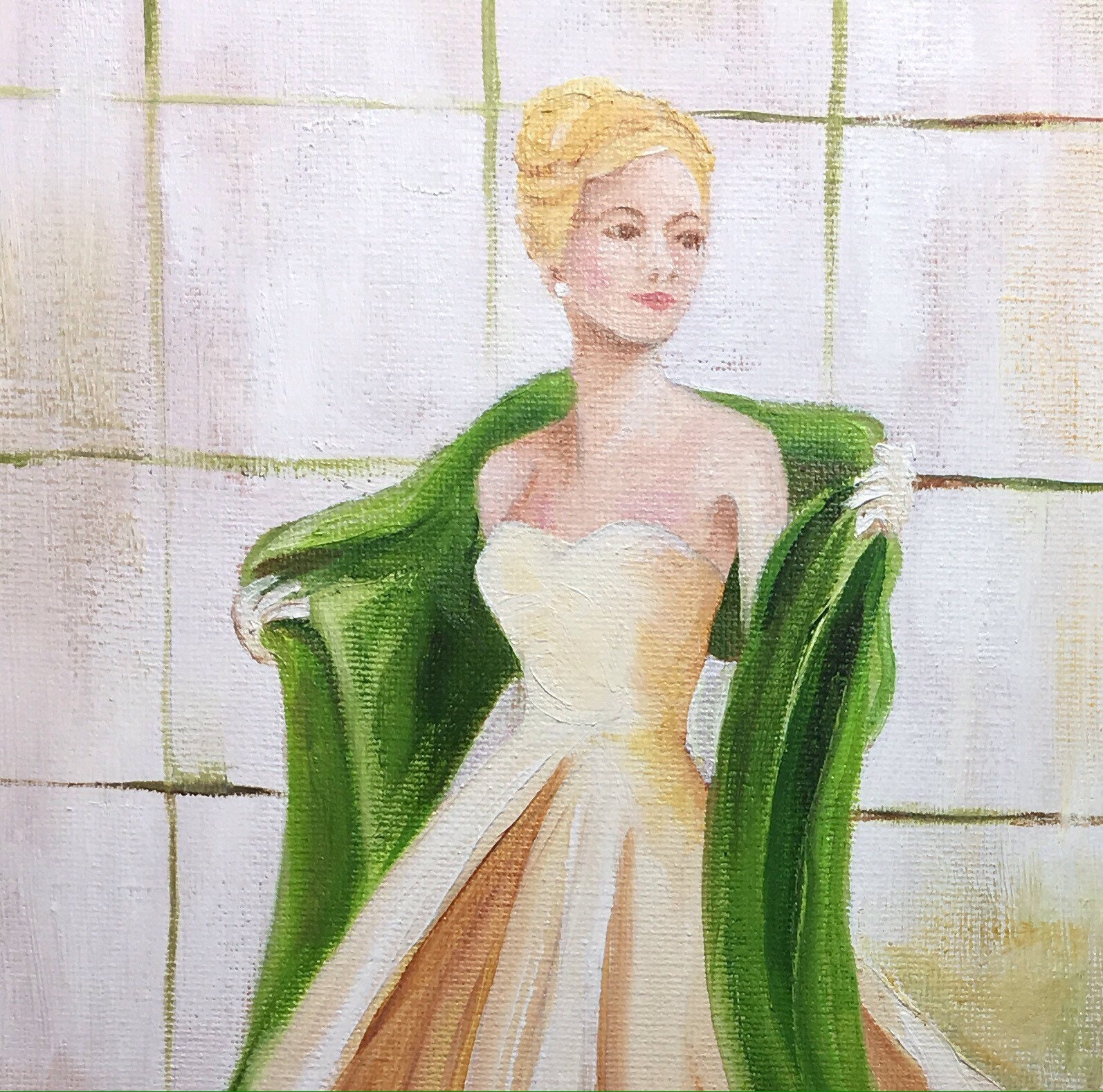 buy shop online Original oil painting of woman in Bridal Gown with flowers  and greenish blue background | www.theinventre.com