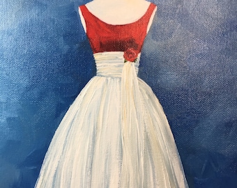 Oil painting of vintage red and white dress.