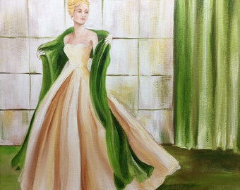 Mid-century Wall Art.1950s Dress.Fashion Wall Art.Old Hollywood Glamour.Vintage Dress.Art for Girls Room.Gifts for women.Fashion Painting.