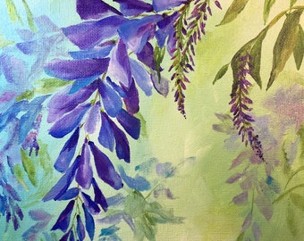 Wisteria Painting, floral art, flower painting, Mothers Day Gift, garden scene, purple flowers, nature art, wisteria art