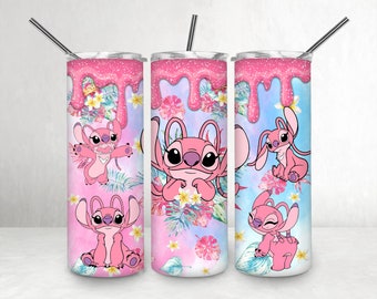 Glitter Dripping Tie Dye Summer Stitch Angel 20oz Skinny Tumbler Sublimation Cartoon Ddisney Tumbler Gift For Cartoon Stitch Lover Daughter