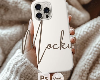May include: A white phone case with a camera cutout, held in a hand. The case has the word "Mockup" written on it in a script font. The image also includes the logos for "Ps" and "Canva".